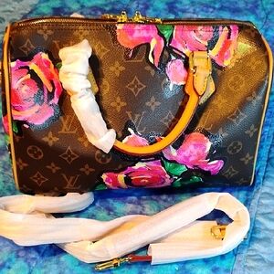 Brown Monogram Fashion Speedy Tote Or Crossbody With Rose Print, NWOT, Gorgeous!